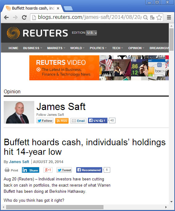 Buffett hoards cash, individualsf holdings hit 14-year low