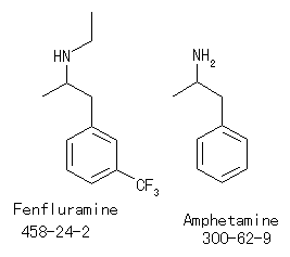 Fenfluramine:458-24-2:m-CF3C6H4CH2CH(CH3)NHC2H5; Amphetamine:300-62-9:C6H5CH2CH(CH3)NH2