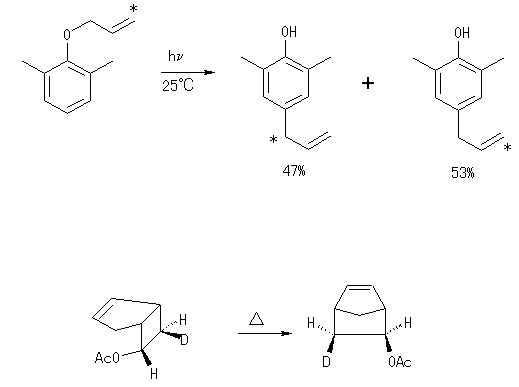 (1)photoreaction(at 25deg.) 2,6-(CH3)2C6H3-O-CH2-CH=C*H2 -> 4-(CH2=CH-C*H2-)-2,6-dimethylphenol [47%] + 4-(C*H2=CH-CH2-)-2,6-dimethylphenol [53%]; (2)thermalreaction (1S,5R,6S,7R)-bicyclo[3.2.0]hept-2-en-6-yl acetate-d1 -> (1S,2S,3S,4R)-bicyclo[2.2.1]hept-5-en-2-yl acetate-d1